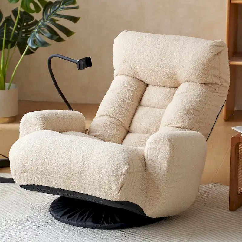 Fauteuil inclinable pivotant en bouclé beige avec support de téléphone, appui-tête réglable et dossier réglable