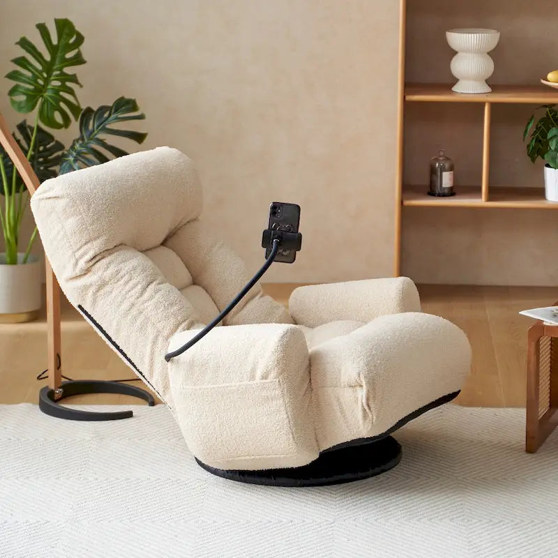 Fauteuil inclinable pivotant en bouclé beige avec support de téléphone, appui-tête réglable et dossier réglable
