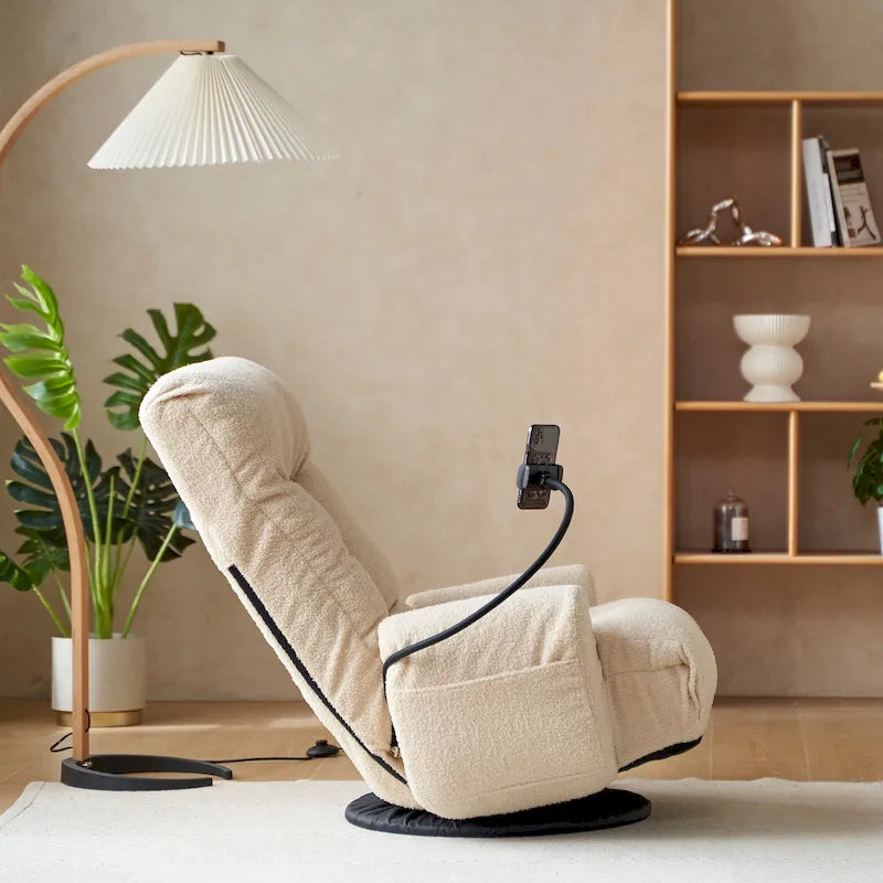 Fauteuil inclinable pivotant en bouclé beige avec support de téléphone, appui-tête réglable et dossier réglable
