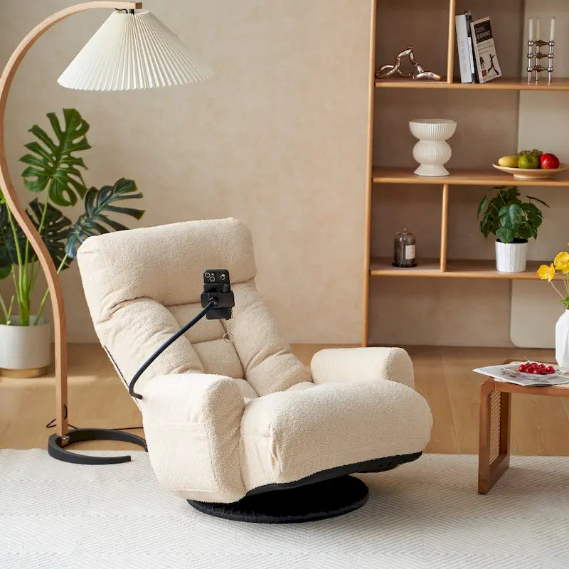 Fauteuil inclinable pivotant en bouclé beige avec support de téléphone, appui-tête réglable et dossier réglable
