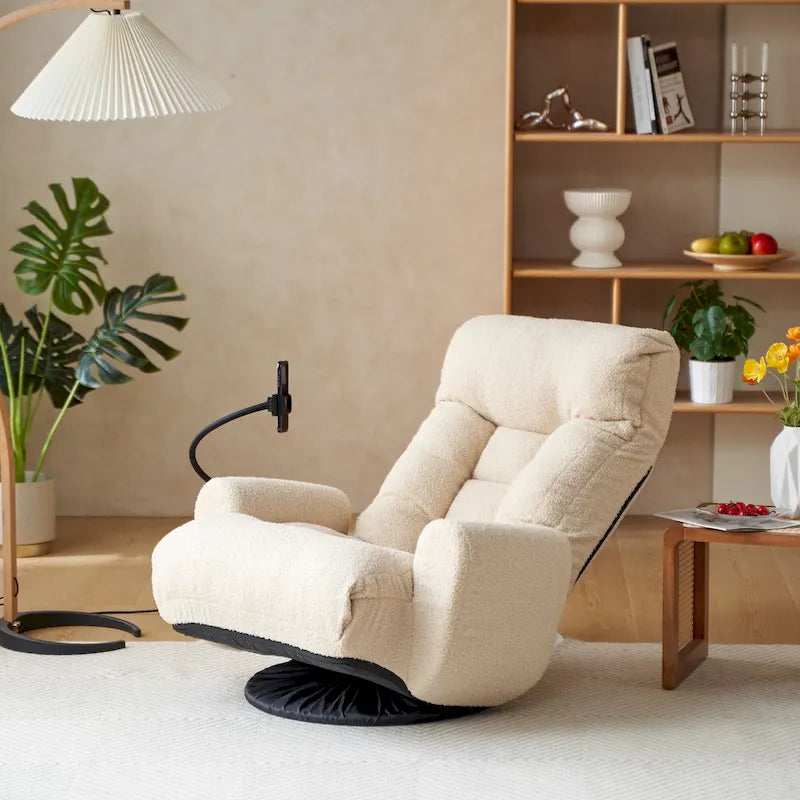 Fauteuil inclinable pivotant en bouclé beige avec support de téléphone, appui-tête réglable et dossier réglable
