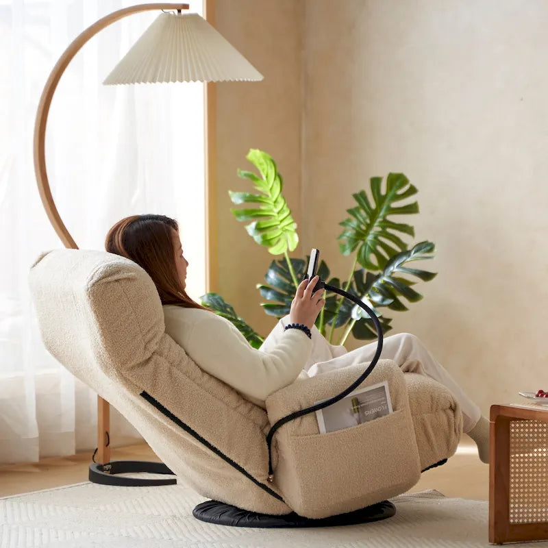 Fauteuil inclinable pivotant en bouclé beige avec support de téléphone, appui-tête réglable et dossier réglable
