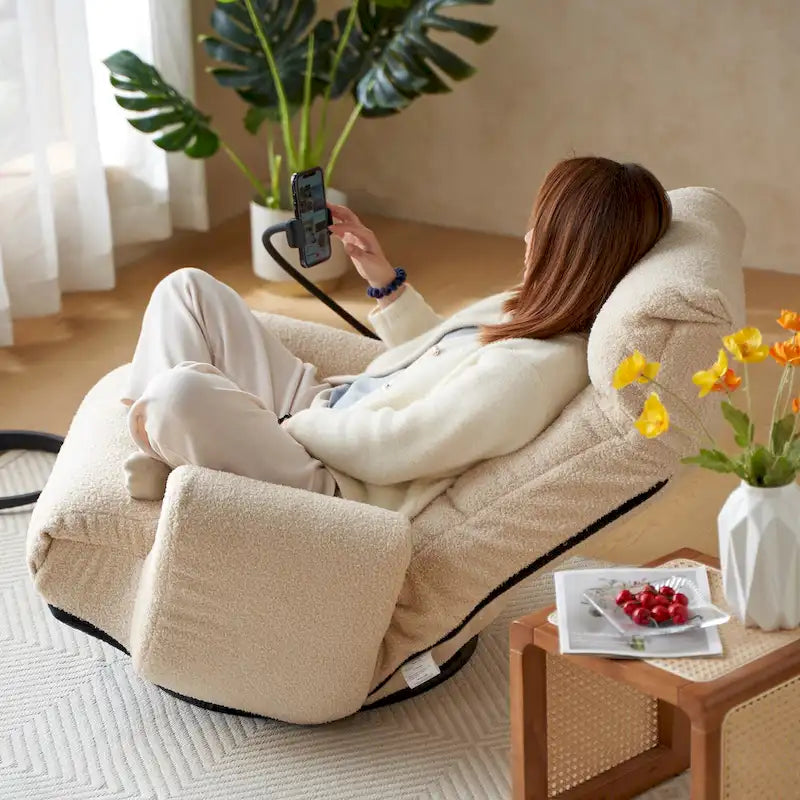 Fauteuil inclinable pivotant en bouclé beige avec support de téléphone, appui-tête réglable et dossier réglable