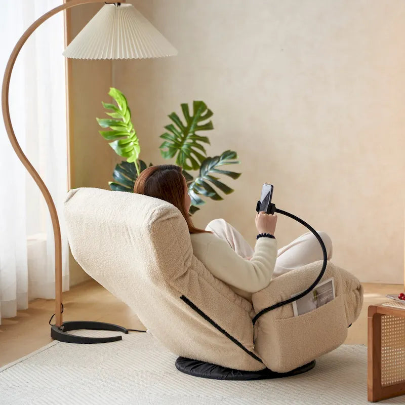 Fauteuil inclinable pivotant en bouclé beige avec support de téléphone, appui-tête réglable et dossier réglable