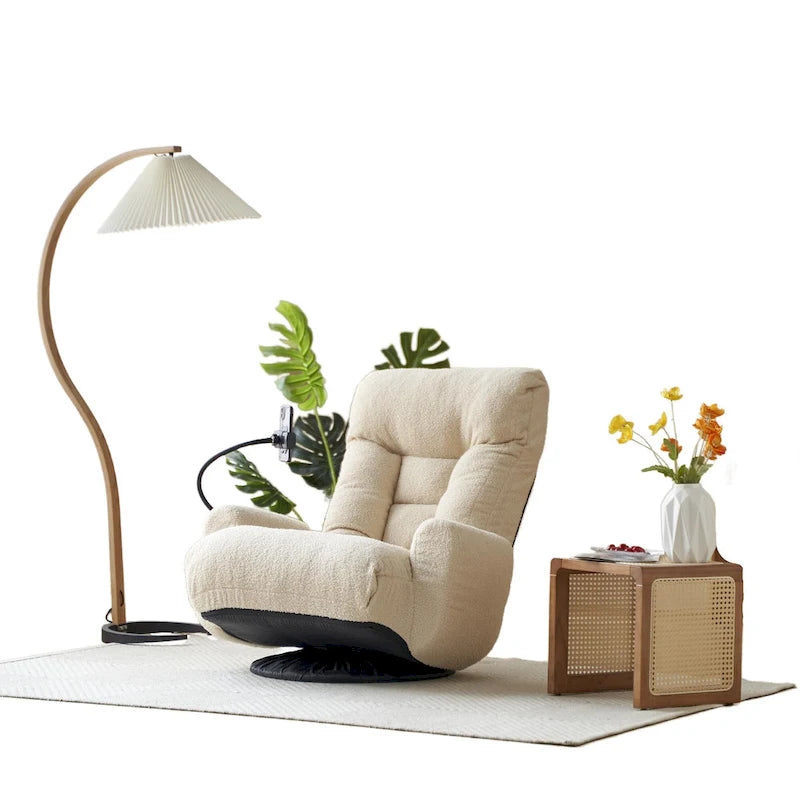 Fauteuil inclinable pivotant en bouclé beige avec support de téléphone, appui-tête réglable et dossier réglable