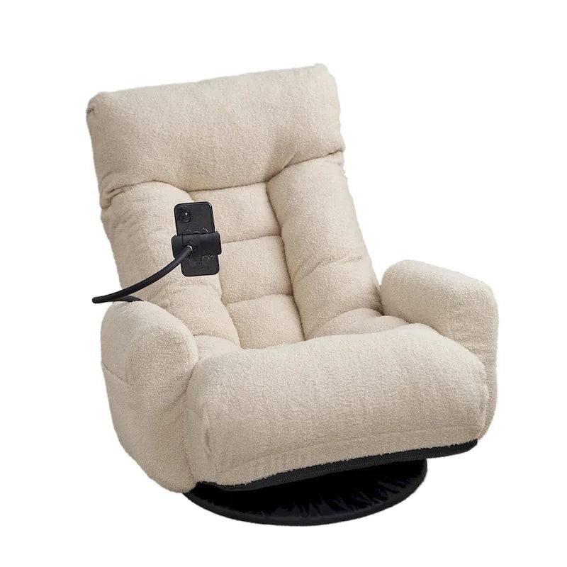 Fauteuil inclinable pivotant en bouclé beige avec support de téléphone, appui-tête réglable et dossier réglable