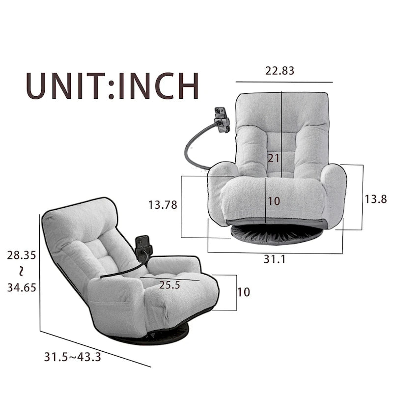 Fauteuil inclinable pivotant en bouclé beige avec support de téléphone, appui-tête réglable et dossier réglable