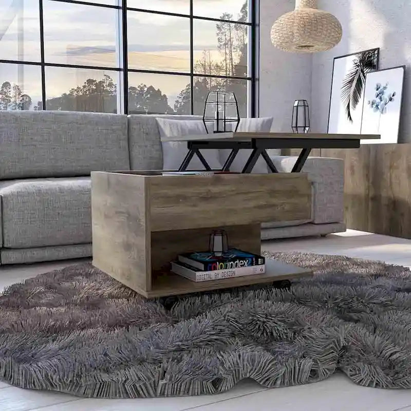 Table basse relevable pour salon, à roulettes, finition brun foncé