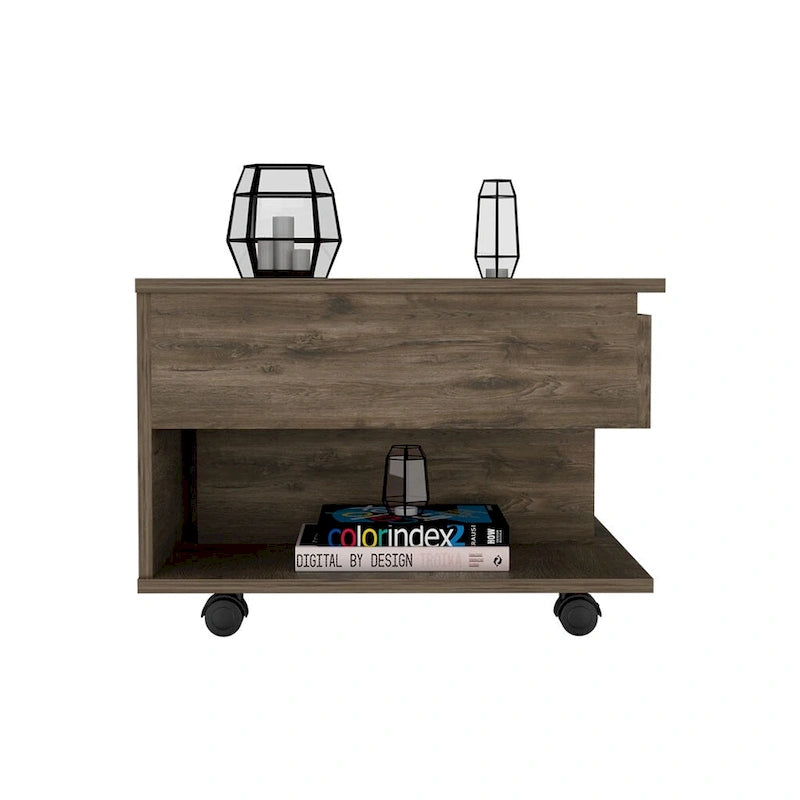 Table basse relevable pour salon, à roulettes, finition brun foncé