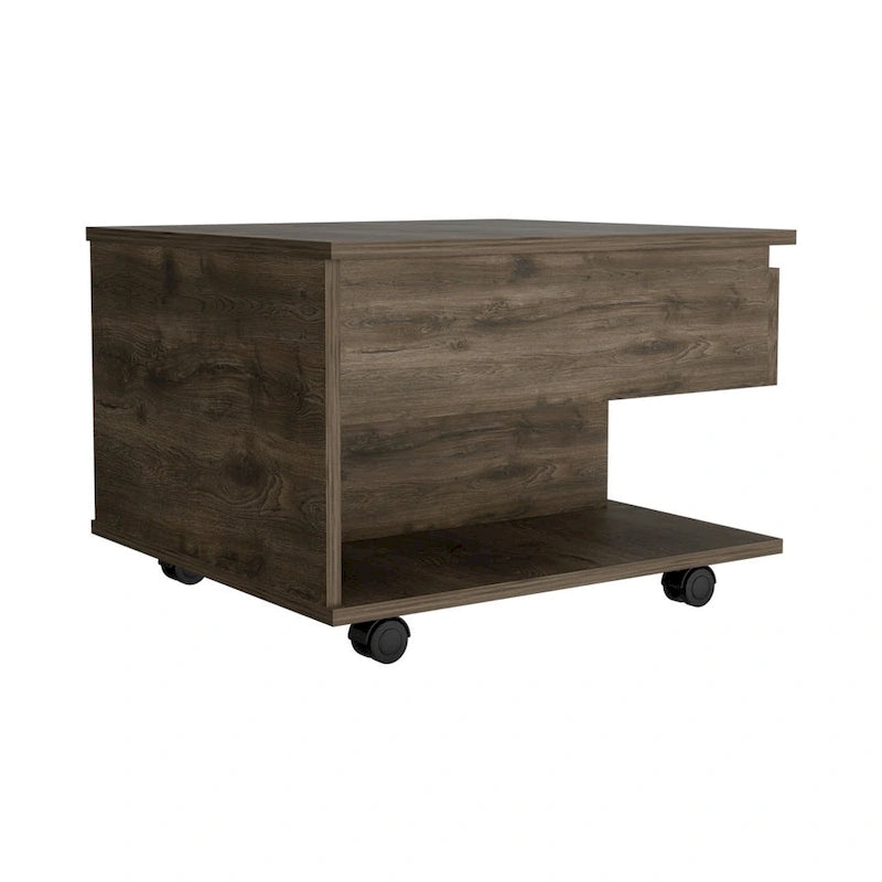 Table basse relevable pour salon, à roulettes, finition brun foncé