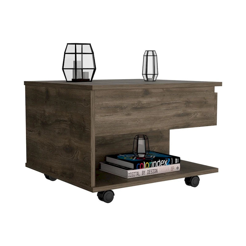 Table basse relevable pour salon, à roulettes, finition brun foncé