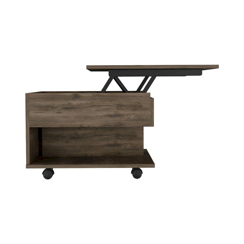 Table basse relevable pour salon, à roulettes, finition brun foncé