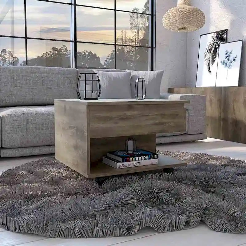 Table basse relevable pour salon, à roulettes, finition brun foncé