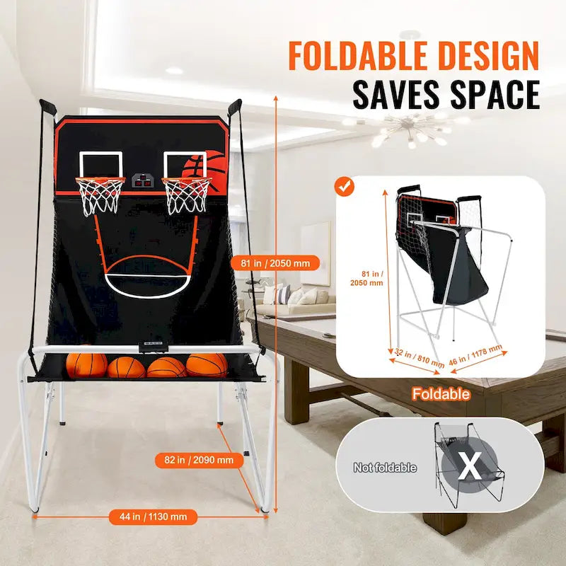 Jeu d'arcade de basket-ball pliable, jeu de basket-ball d'intérieur pour 2 joueurs, sport à double tir à domicile avec 8 modes de jeu et pompe de gonflage