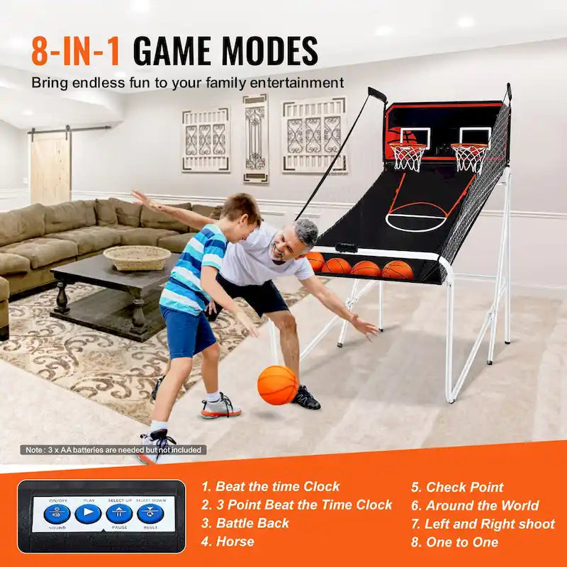 Jeu d'arcade de basket-ball pliable, jeu de basket-ball d'intérieur pour 2 joueurs, sport à double tir à domicile avec 8 modes de jeu et pompe de gonflage