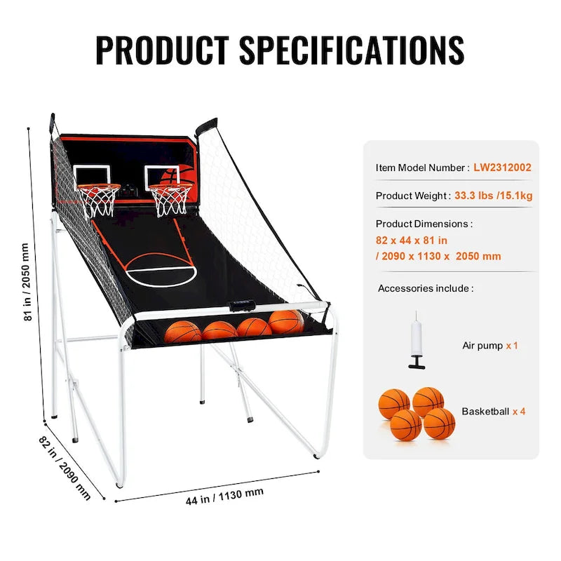 Jeu d'arcade de basket-ball pliable, jeu de basket-ball d'intérieur pour 2 joueurs, sport à double tir à domicile avec 8 modes de jeu et pompe de gonflage