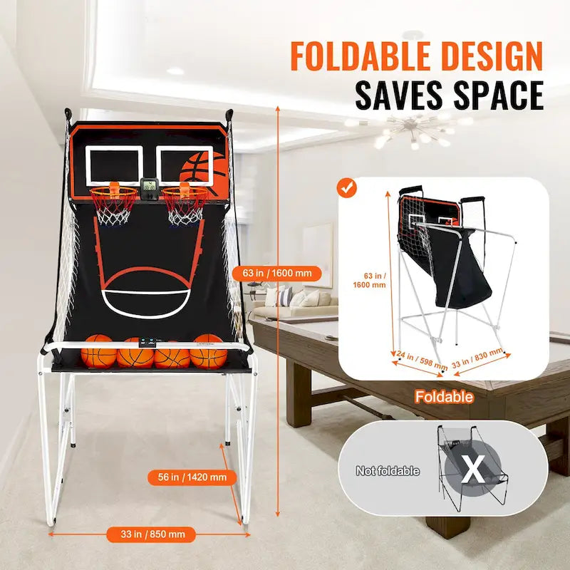 Jeu d'arcade de basket-ball pliable, jeu de basket-ball d'intérieur pour 2 joueurs, sport à double tir à domicile avec 8 modes de jeu et pompe de gonflage