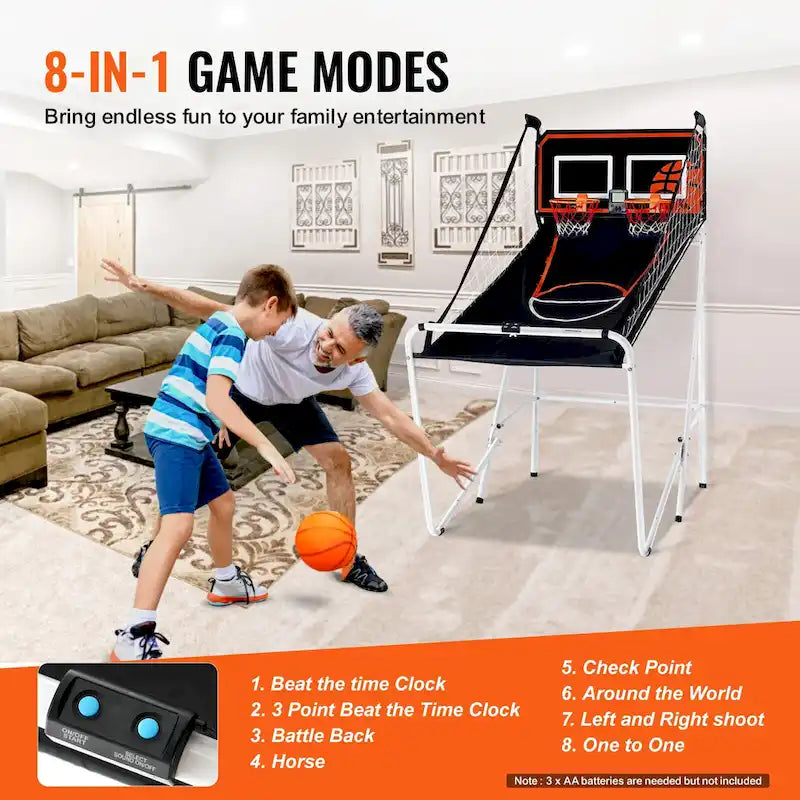 Jeu d'arcade de basket-ball pliable, jeu de basket-ball d'intérieur pour 2 joueurs, sport à double tir à domicile avec 8 modes de jeu et pompe de gonflage