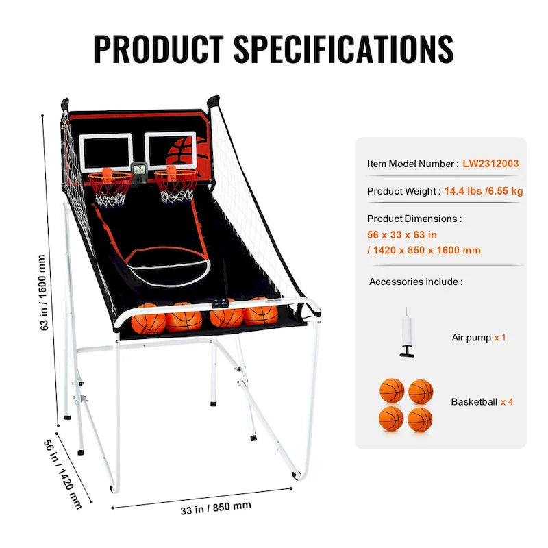 Jeu d'arcade de basket-ball pliable, jeu de basket-ball d'intérieur pour 2 joueurs, sport à double tir à domicile avec 8 modes de jeu et pompe de gonflage
