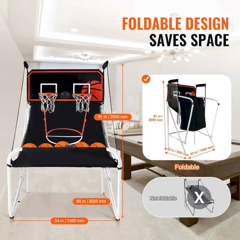 Jeu d'arcade de basket-ball pliable, jeu de basket-ball d'intérieur pour 2 joueurs, sport à double tir à domicile avec 8 modes de jeu et pompe de gonflage