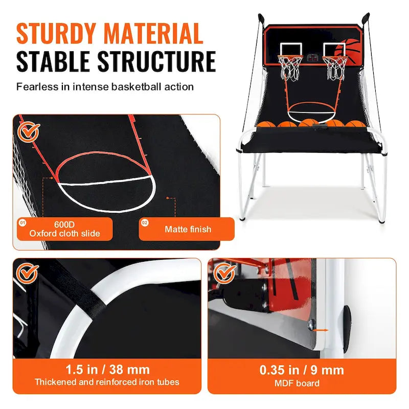 Jeu d'arcade de basket-ball pliable, jeu de basket-ball d'intérieur pour 2 joueurs, sport à double tir à domicile avec 8 modes de jeu et pompe de gonflage