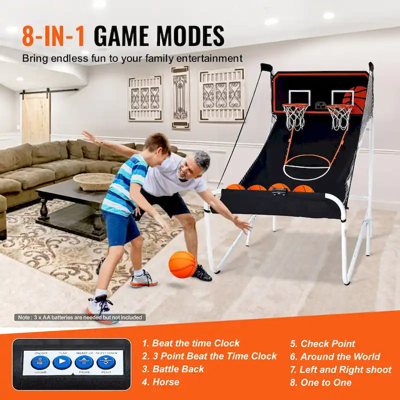 Jeu d'arcade de basket-ball pliable, jeu de basket-ball d'intérieur pour 2 joueurs, sport à double tir à domicile avec 8 modes de jeu et pompe de gonflage
