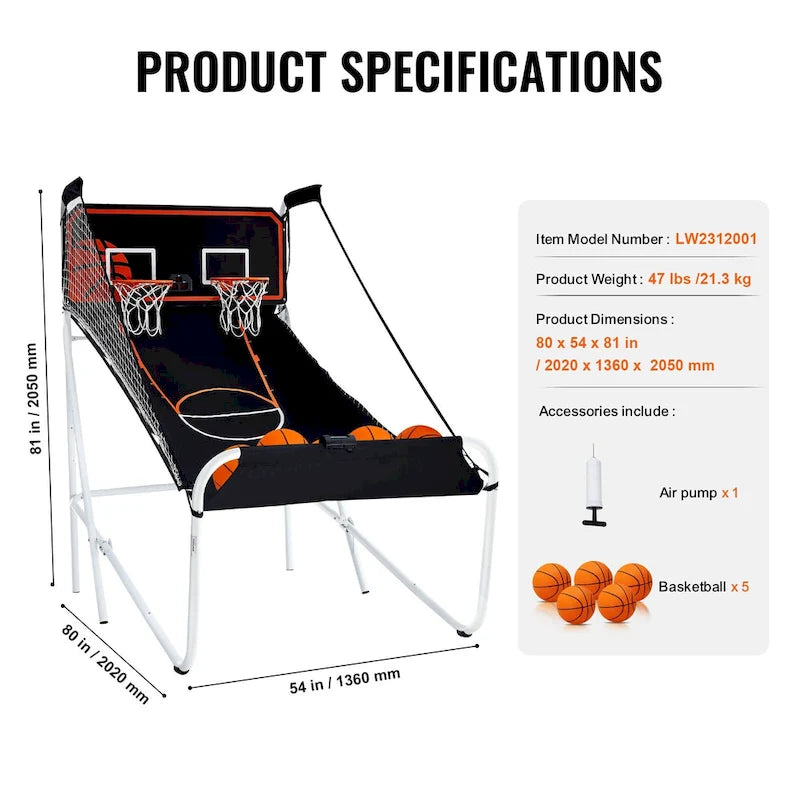 Jeu d'arcade de basket-ball pliable, jeu de basket-ball d'intérieur pour 2 joueurs, sport à double tir à domicile avec 8 modes de jeu et pompe de gonflage
