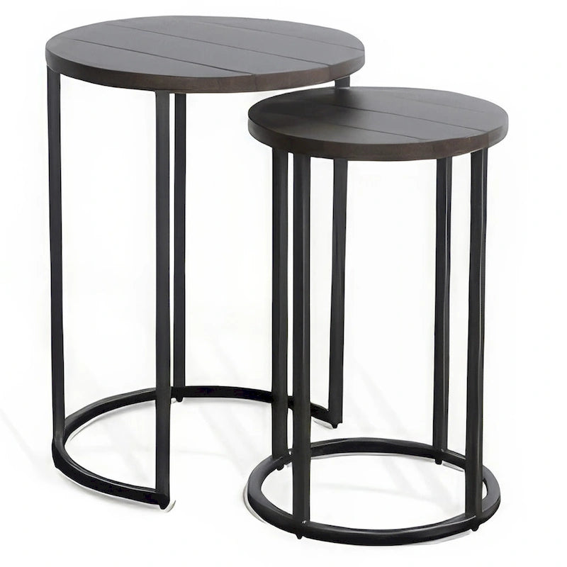 Lot de 2 tables gigognes, acajou marron foncé, piètement en métal noir