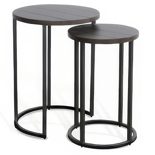 Lot de 2 tables gigognes, acajou marron foncé, piètement en métal noir