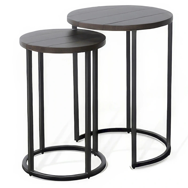 Lot de 2 tables gigognes, acajou marron foncé, piètement en métal noir