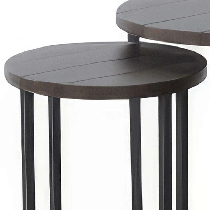 Lot de 2 tables gigognes, acajou marron foncé, piètement en métal noir