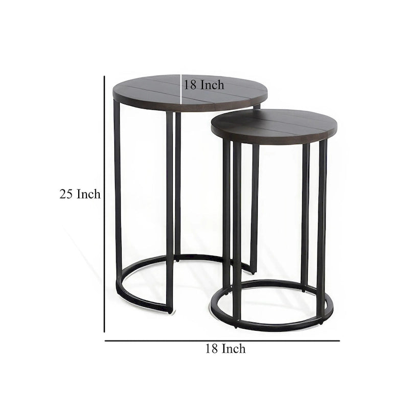 Lot de 2 tables gigognes, acajou marron foncé, piètement en métal noir