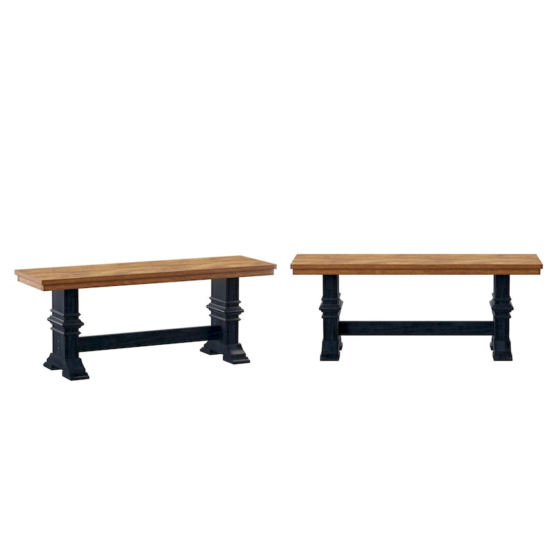 Banc de salle à manger en bois avec pieds tréteaux bicolores