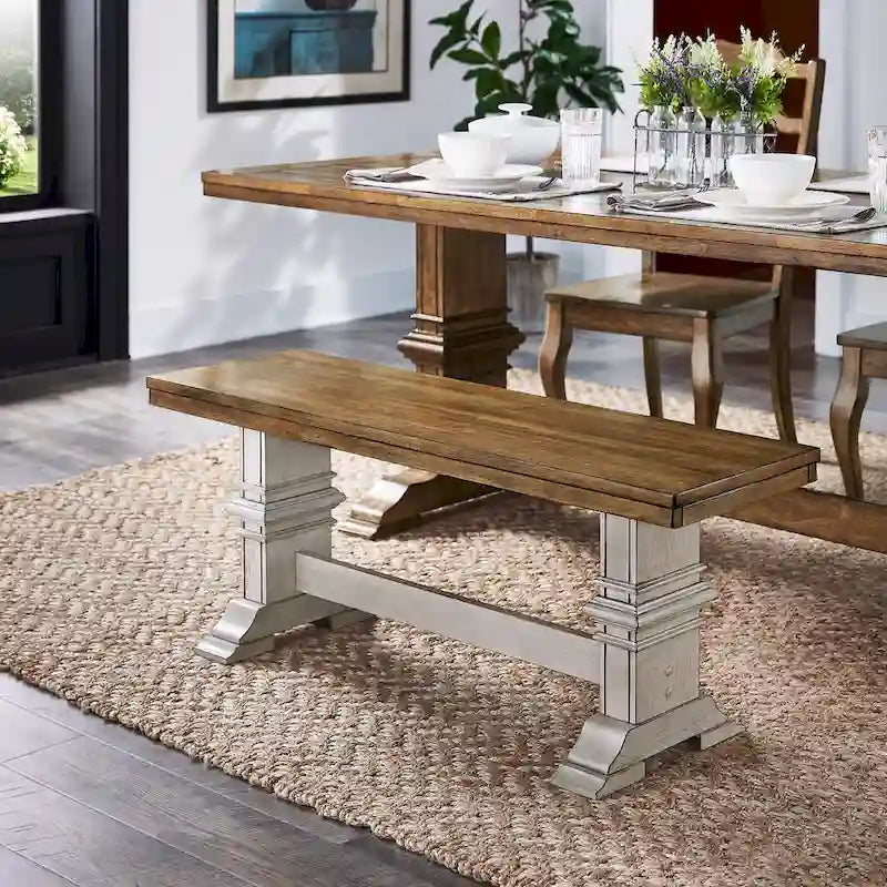 Banc de salle à manger en bois avec pieds tréteaux bicolores