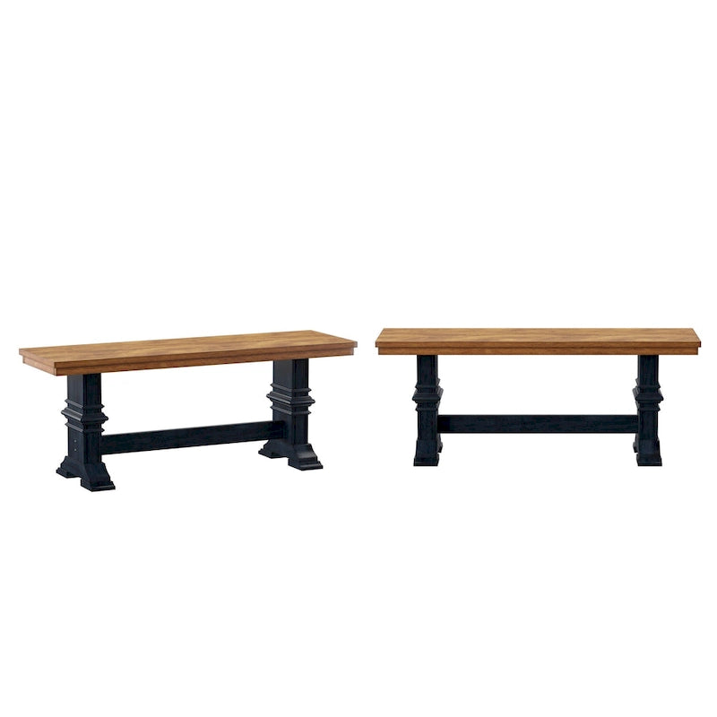 Banc de salle à manger en bois avec pieds tréteaux bicolores