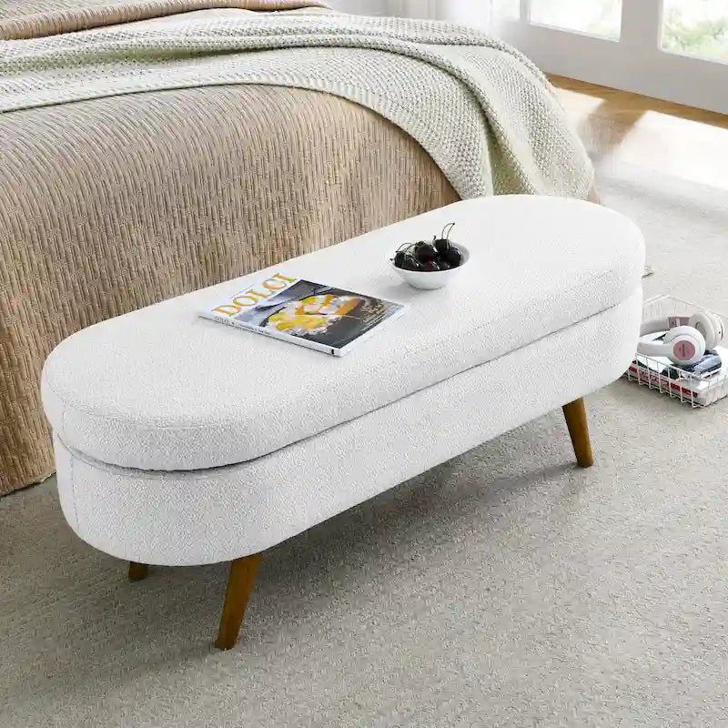 Banc de rangement ottoman ovale, pieds en bois d'hévéa