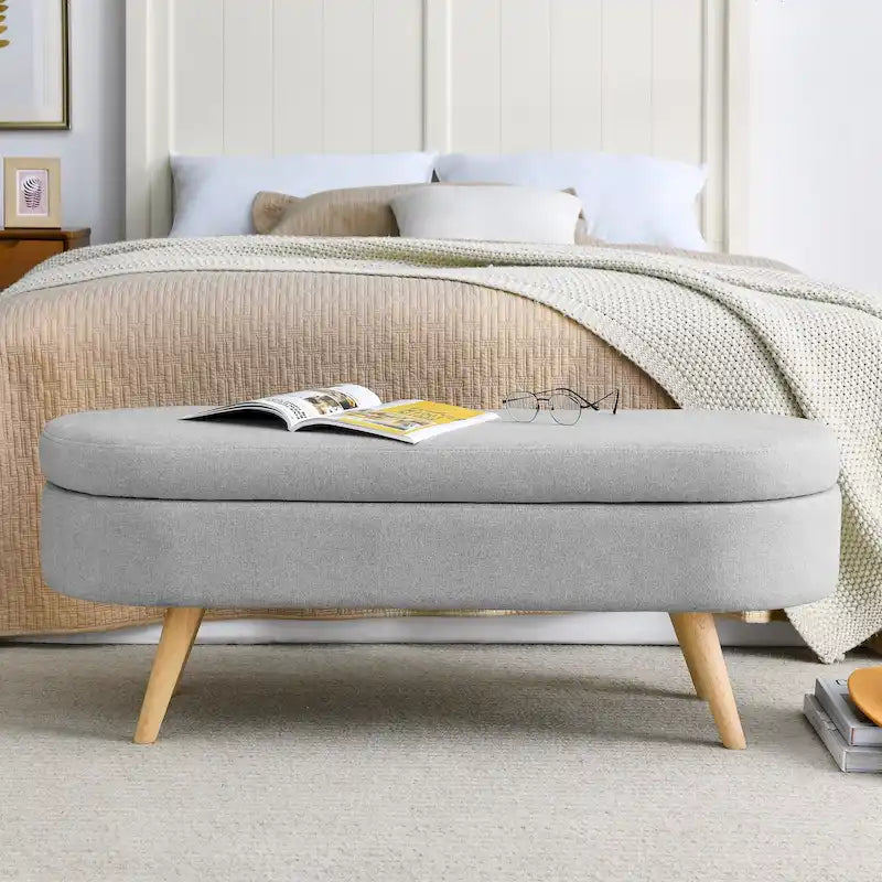Banc de rangement ottoman ovale, pieds en bois d'hévéa