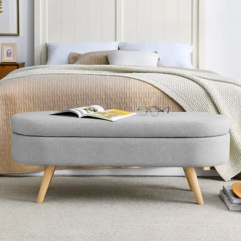 Banc de rangement ottoman ovale, pieds en bois d'hévéa