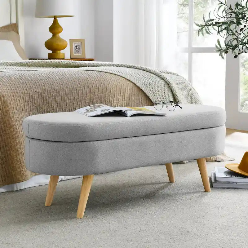 Banc de rangement ottoman ovale, pieds en bois d'hévéa