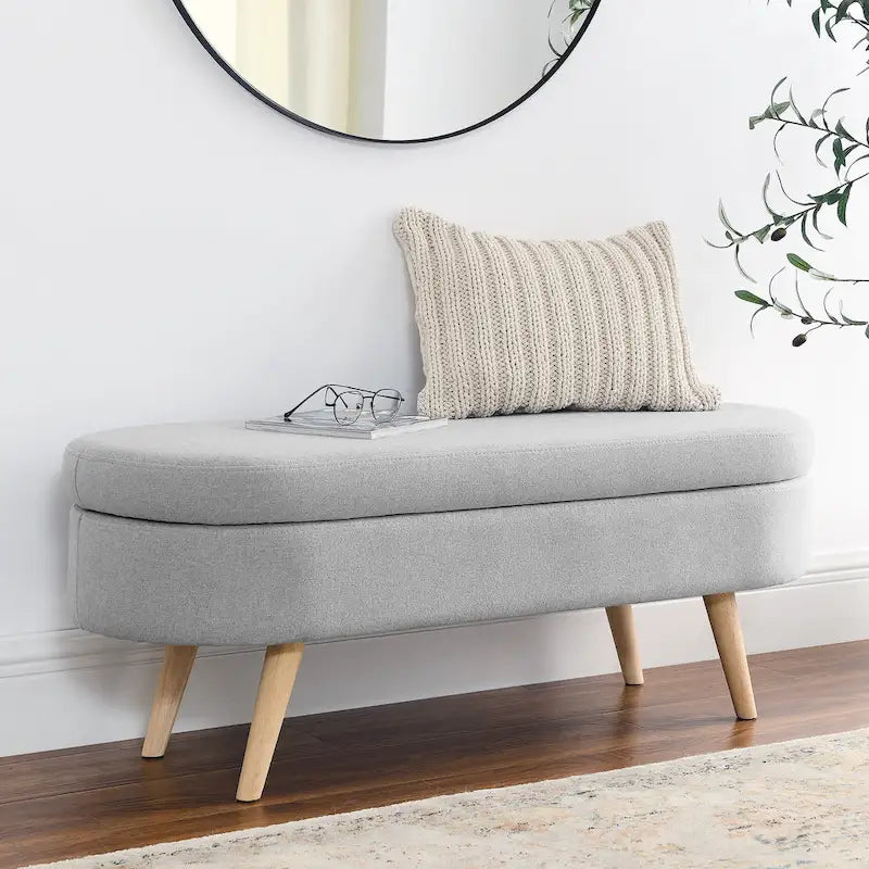Banc de rangement ottoman ovale, pieds en bois d'hévéa