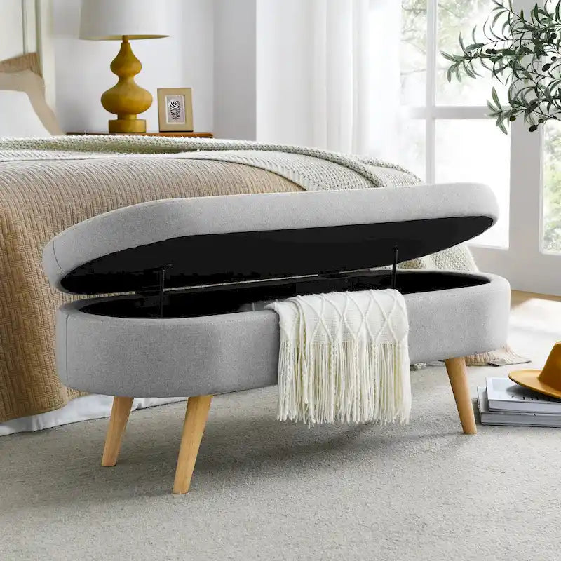 Banc de rangement ottoman ovale, pieds en bois d'hévéa