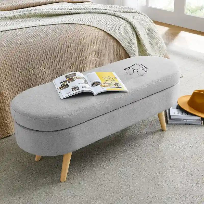 Banc de rangement ottoman ovale, pieds en bois d'hévéa