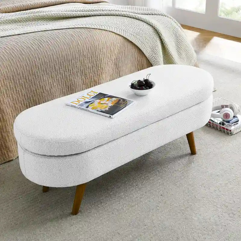 Banc de rangement ottoman ovale, pieds en bois d'hévéa