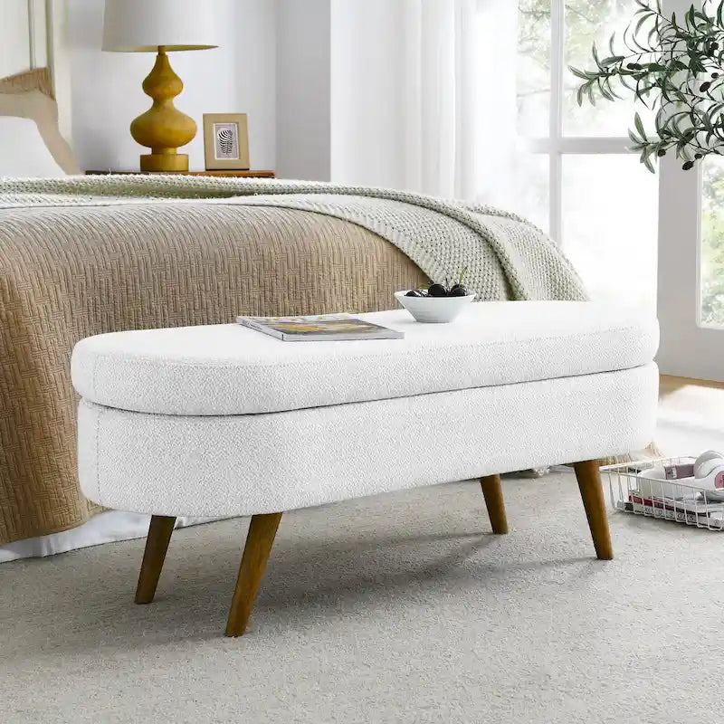 Banc de rangement ottoman ovale, pieds en bois d'hévéa