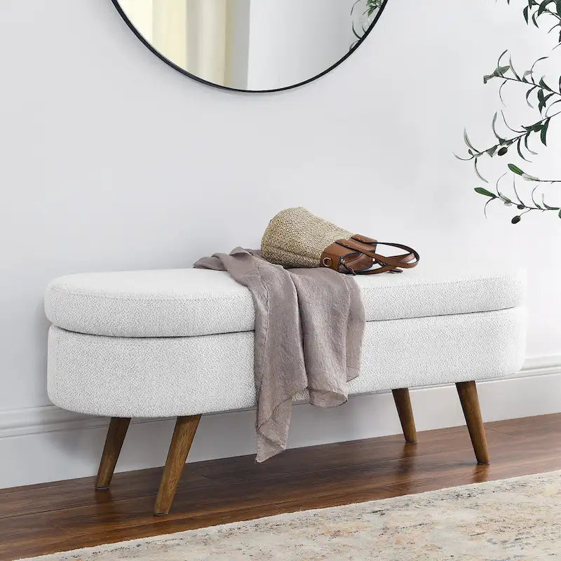 Banc de rangement ottoman ovale, pieds en bois d'hévéa