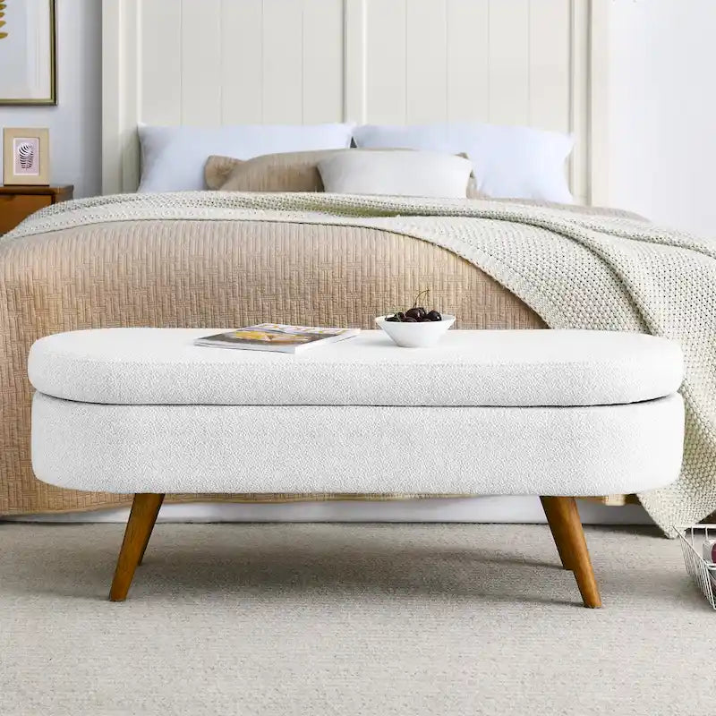 Banc de rangement ottoman ovale, pieds en bois d'hévéa