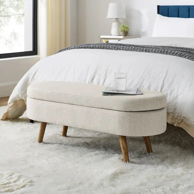 Banc de rangement ottoman ovale, pieds en bois d'hévéa