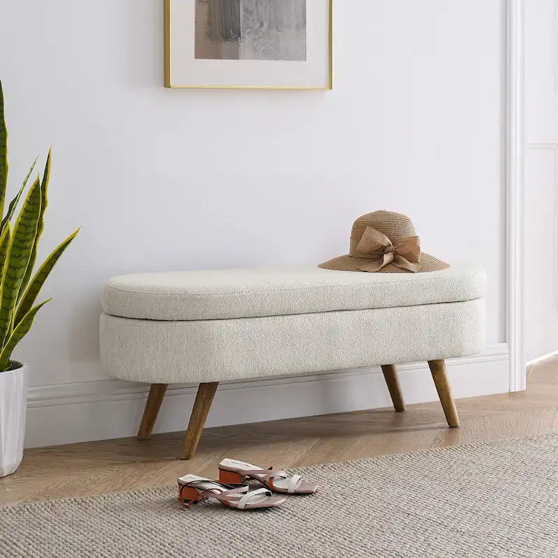 Banc de rangement ottoman ovale, pieds en bois d'hévéa