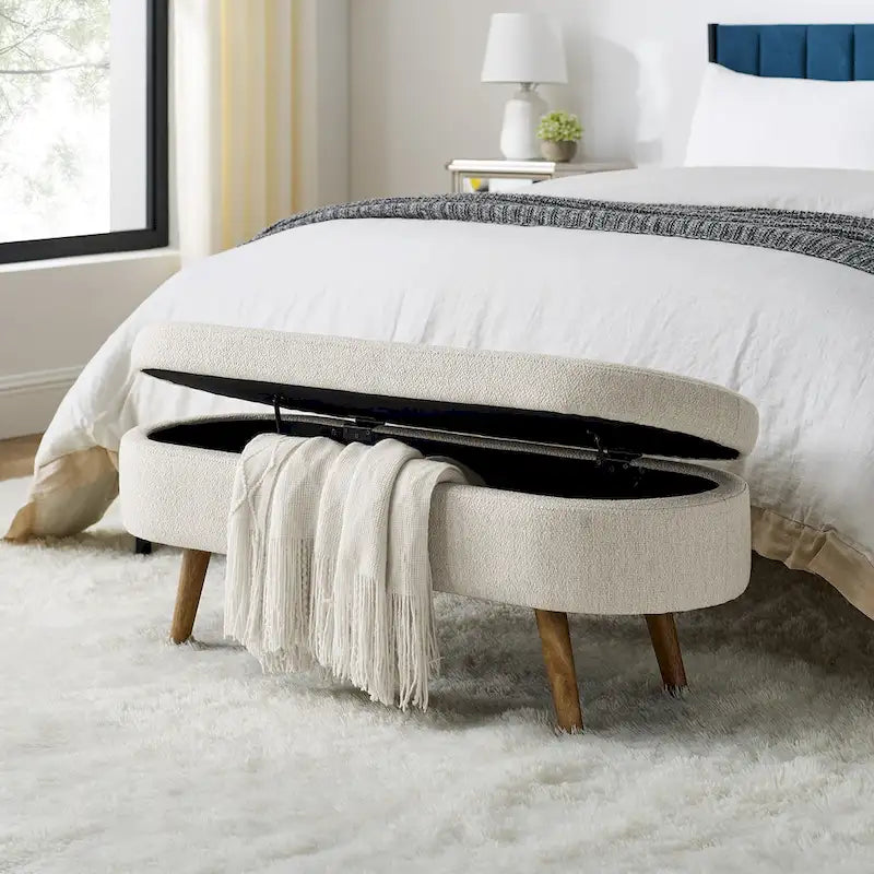 Banc de rangement ottoman ovale, pieds en bois d'hévéa
