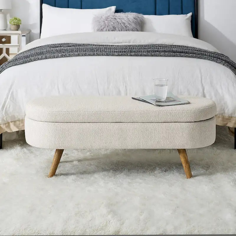 Banc de rangement ottoman ovale, pieds en bois d'hévéa